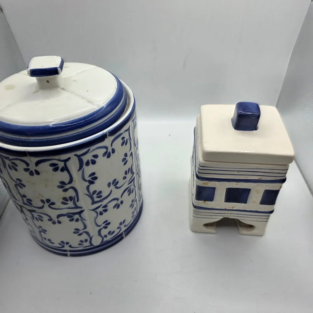 Blue and White Ceramic Canister Set Floral Geometric Vintage Storage Jars